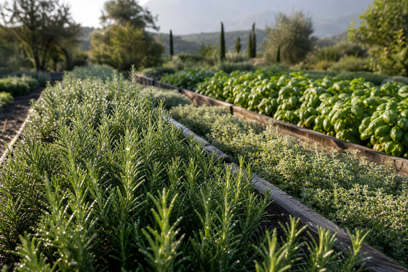Organic herb garden with rosemary and thyme