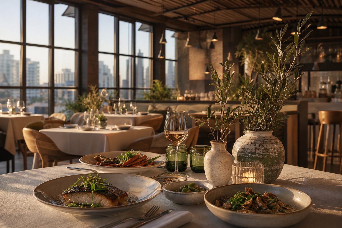 Elegant farm-to-table dining room at Olive & Thyme